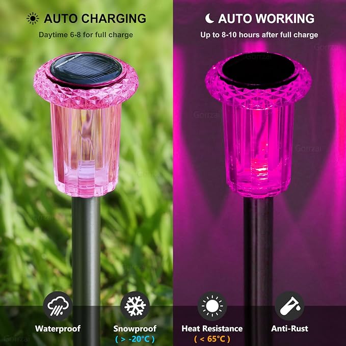 10 Pack Solar Lights Outdoor Waterproof LED Pink Pathway Lighting | Auto On/Off Stake Lights for Yard Garden Walkway Outside Driveway, Acrylic Diamond-like Lampshade, Stainless Steel Pole