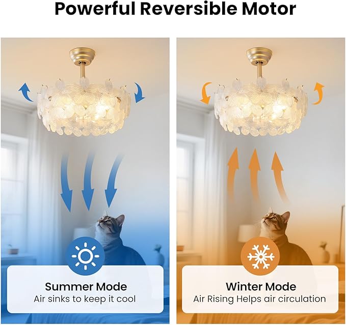 20'' Fandelier Ceiling Fans with Lights, Gold Caged Ceiling Fan with Remote Low Profile, 6 Speed and Petal, Modern Semi Flush Mount Ceiling Fan for Bedroom, Living Room, Nursery