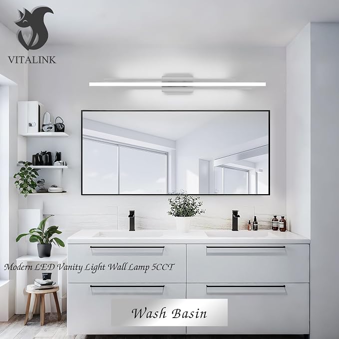 VitaLink 48 Inches Long Nickel LED Modern Bathroom Vanity Light Fixtures 25W Dimmable 5CCT Vanity Light Bar Over Mirror 3-Light Wall Light for Bathroom Over Mirror Picture Light