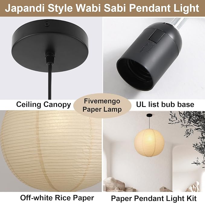 Large Paper Pendant Light with Cord and Canopy, 20in Off-White | Rice Paper Hanging Lamp, Japanese Japandi Wabi Sabi Lantern Lamp Chandelier for Living Dining Room Bedroom Kitchen 2 Pack