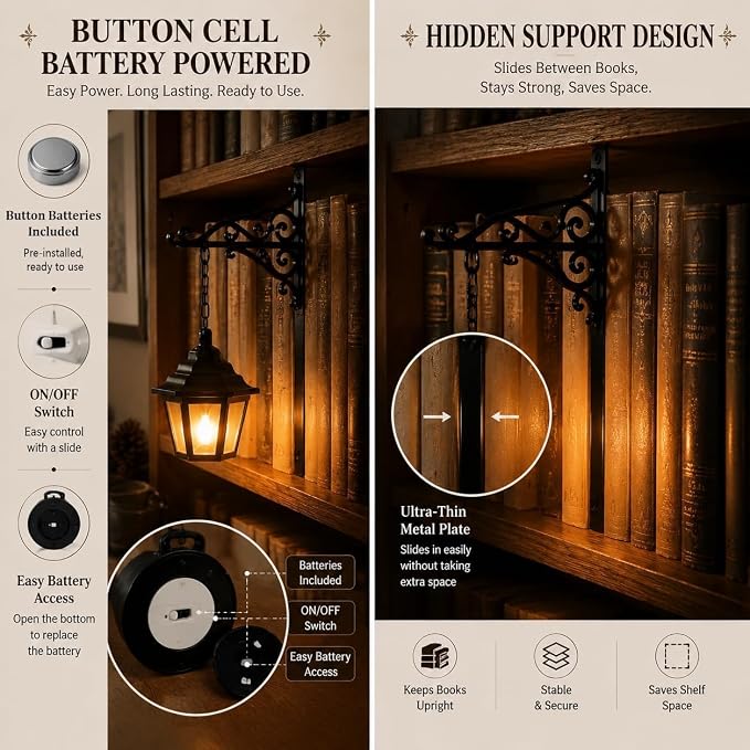 Library Lantern Bookshelf Lamp, Decorative Bookshelf Light with Warm LED Nightlight, Mini Nook Light for Bookshelf, Portable Table Desk Luminaire, Hanging Bookshelf Decor for Book Lovers
