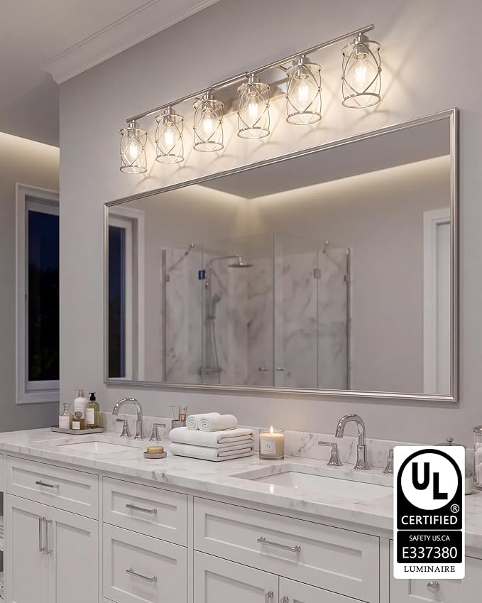 6-Light Brushed Nickel Bathroom Light Fixtures Over Mirror, 42" UL-Listed Modern Wall Sconce Lights with Clear Glass and Metal Cage for Bath, Hardwire E26, CH9176BN-6W