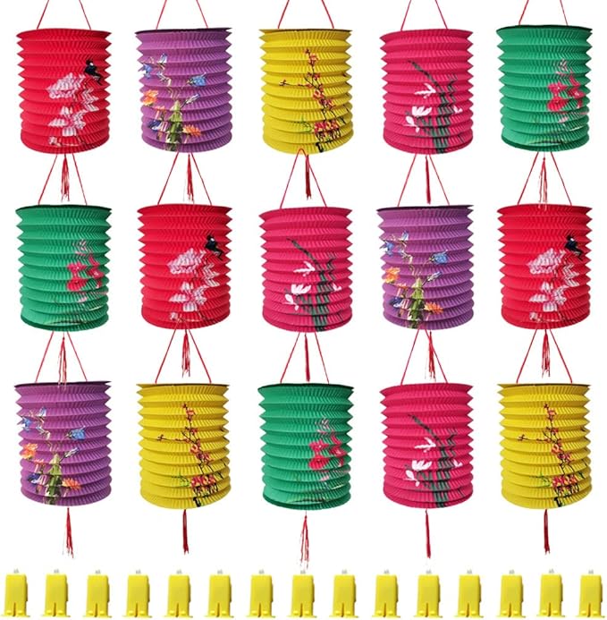 15Pack Chinese Japanese Hanging Paper Lanterns with LED Lights, Colorful Asian Flower Bird Lanterns,Festival Decoration for Chinese Middle Autumn Festival, Oriental Party, Wedding
