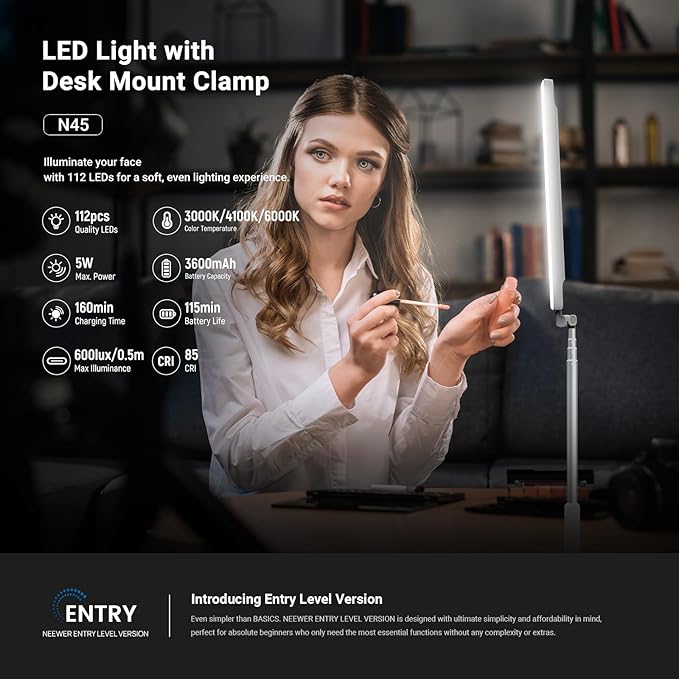NEEWER Entry Level Version 5W Desktop Overhead LED Light, 62" Foldable Bi Color Rechargeable Selfie Fill Lighting CRI85 with Desk Clamp Stand/3600mAh for TikTok YouTube Video Recording Streaming, N45