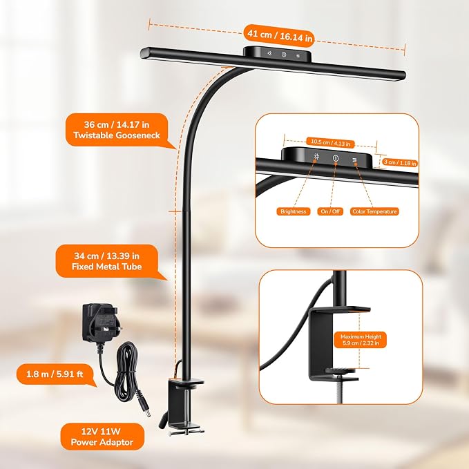 Lepro Led Desk Lamp for Home Office, Desk Light with Clamp, 11W 700LM Black | Clip on Task Light, Eye Caring 25 Lighting Modes, Flexible Gooseneck, Architect Lamp for Monitor, Workbench, Draft, Crafts