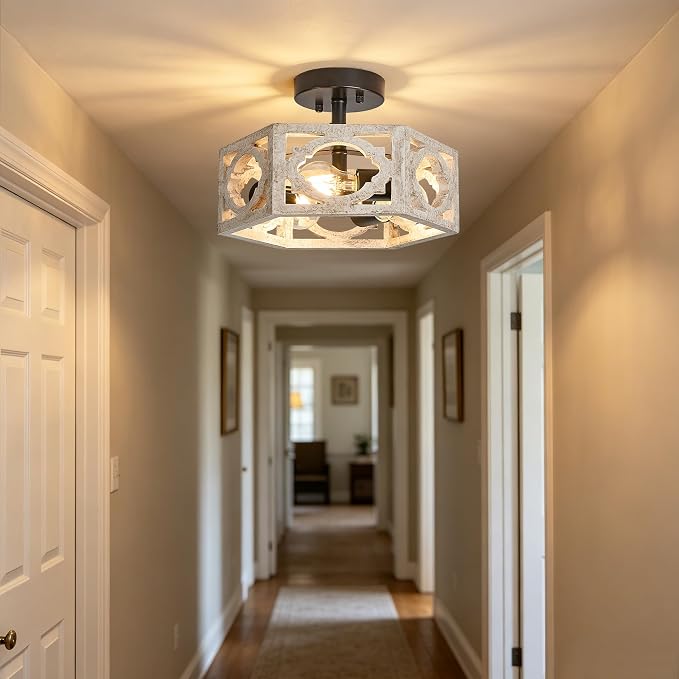 Farmhouse Semi Flush Mount Ceiling Light,Distressed White Hexagon Rustic Carved Wood Fixture for Kitchen Bedroom Hallway Dining Room Entryway,Close to Ceiling Light Fixtures,3-Light