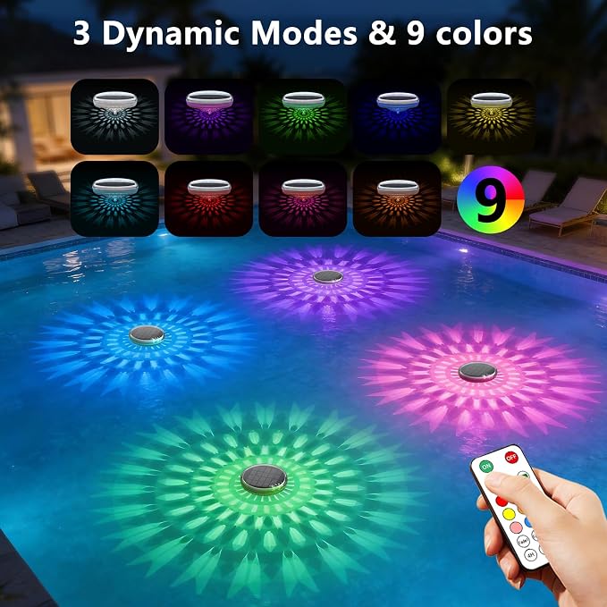 Solar Powered Floating Pool Lights(2 Pack), Pool Lights That Float with Remote Control, 12 Lighting, Timing Mode, IP67 Waterproof for Inground/Above Ground Pool, Pool Party, Bathroom, Bathtub, Garden