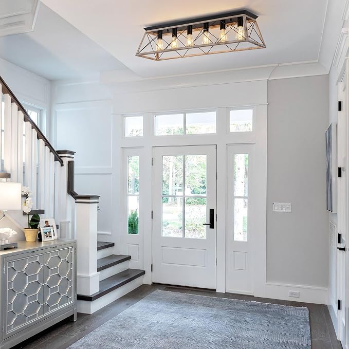 38" Large Rectangular Flush Mount Ceiling Light with Oak White Finish | 6-Light Vintage Industrial Farmhouse Cage Chandelier for Dining Room Living Room Hallway, Dimmable Kitchen Ceiling Lighting