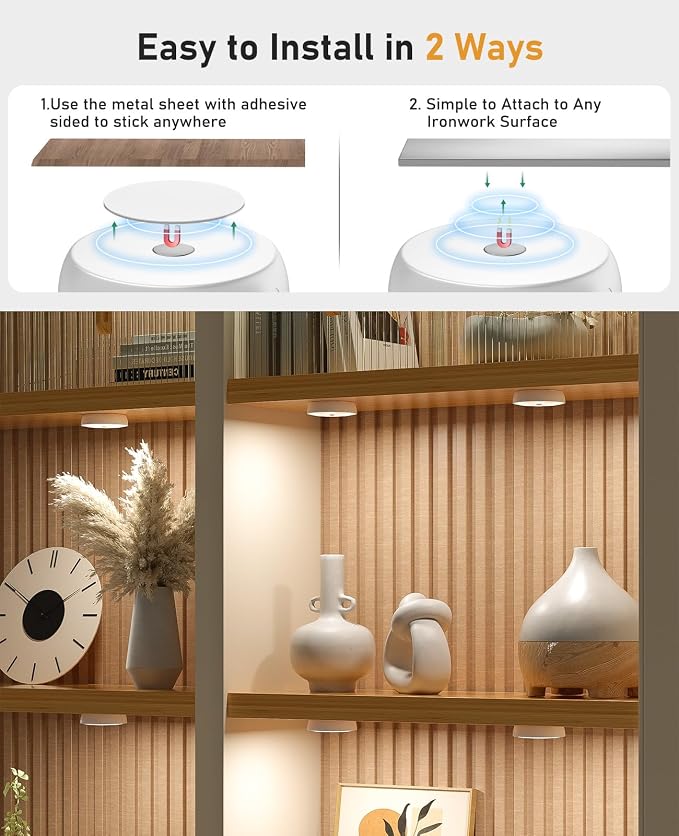 Motion Sensor Closet Lights, USB-C Rechargeable Under Cabinet Puck Lighting, Dimmable Battery Powered Step Lights for Kitchen, Stairs, Wardrobe, Auto-On/Off Night Lamp