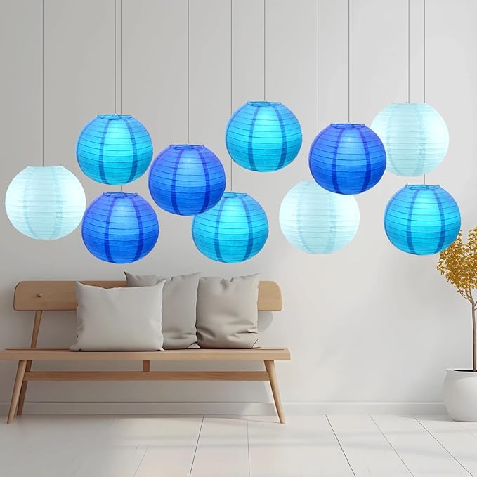 Chinese Paper Lanterns - Pack of 10, 12-Inch Blue/Royal Blue Hanging Lights for Birthday Party Decorations, Ceiling Decor, Rainbow Classroom, Wedding, and Home Party