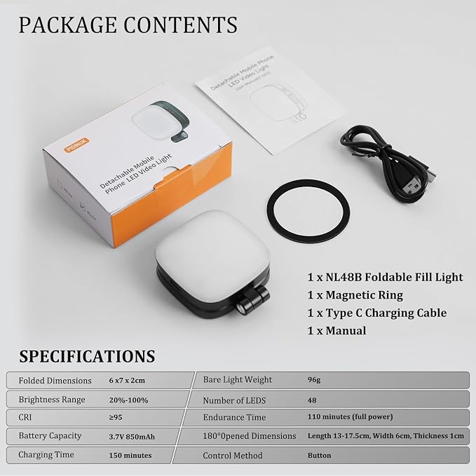 Magnetic Selfie Light Compatible with MagSafe for iPhone – Rechargeable LED Fill Light with Mirror, CRI≥95, 5 Color Temps, Foldable Ring Light