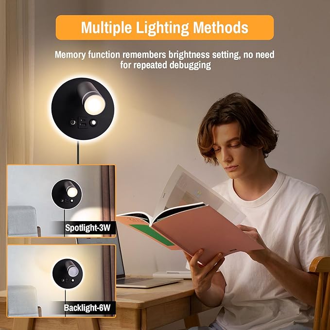 ERAY Wall Mounted Reading Light, Adjustable Wall Sconces with USB and Type-C Charging Port/Touch Control, 3000K/4000K/6000K 350° Rotatable LED Spotlight & Backlight for Bedside Bedroom -2 Pack