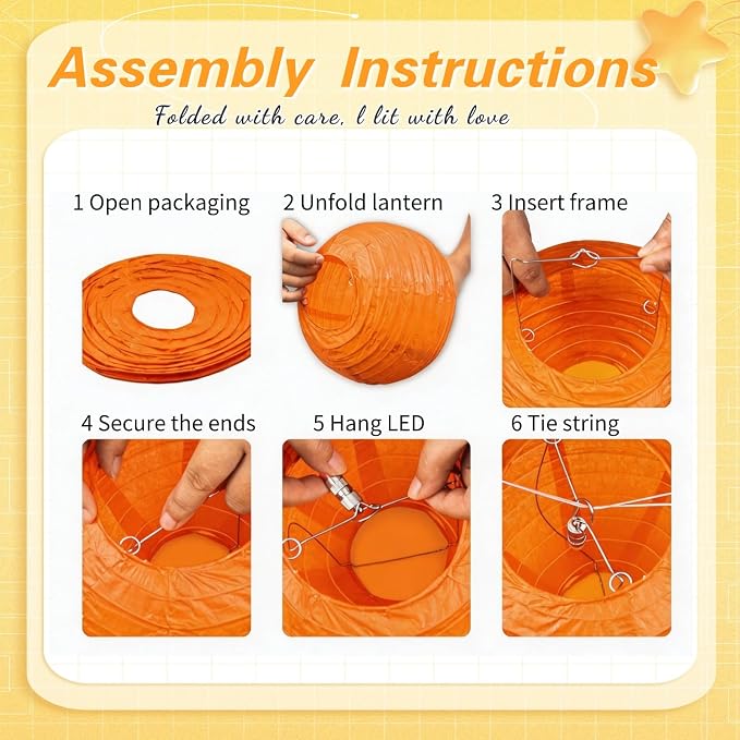 Yellow Chinese Paper Lanterns with LED Lights, 10-Pack 12inch | Hanging Lights in Yellow & Orange for Fall Festival, Thanksgiving, Birthday Decorations, Ceiling Decor & Home Party