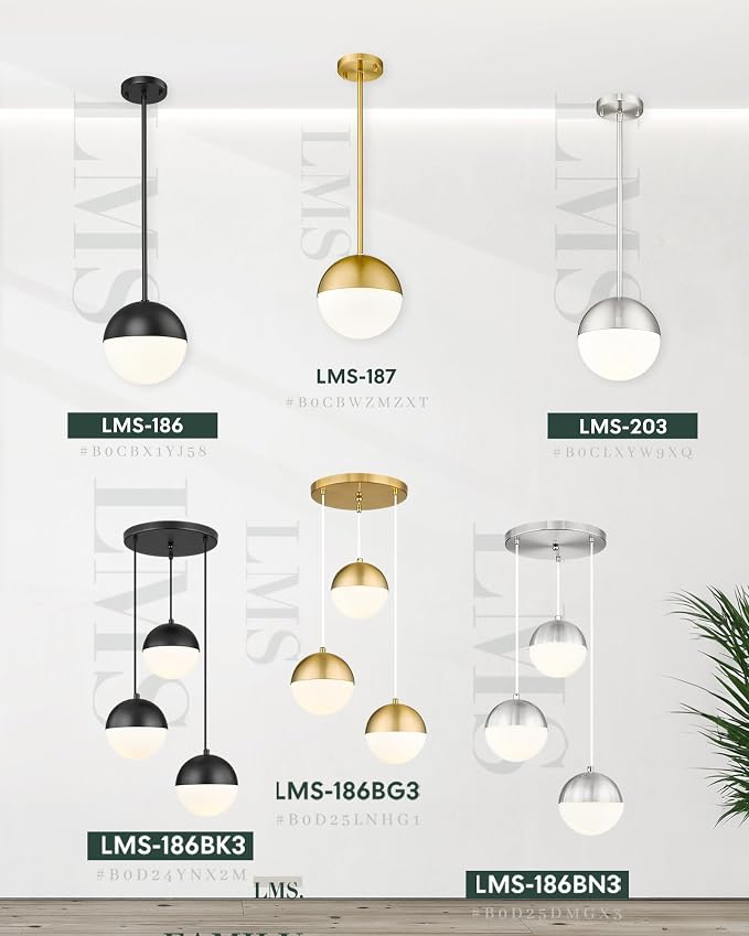 Modern Pendant Lighting Gold Globe Pendant Light Fixture, Mid Century Chandelier One Light Hanging Fixture for Kitchen Island, Adjustable Indoor Lighting for Dinning Room Bedroom, LMS-187