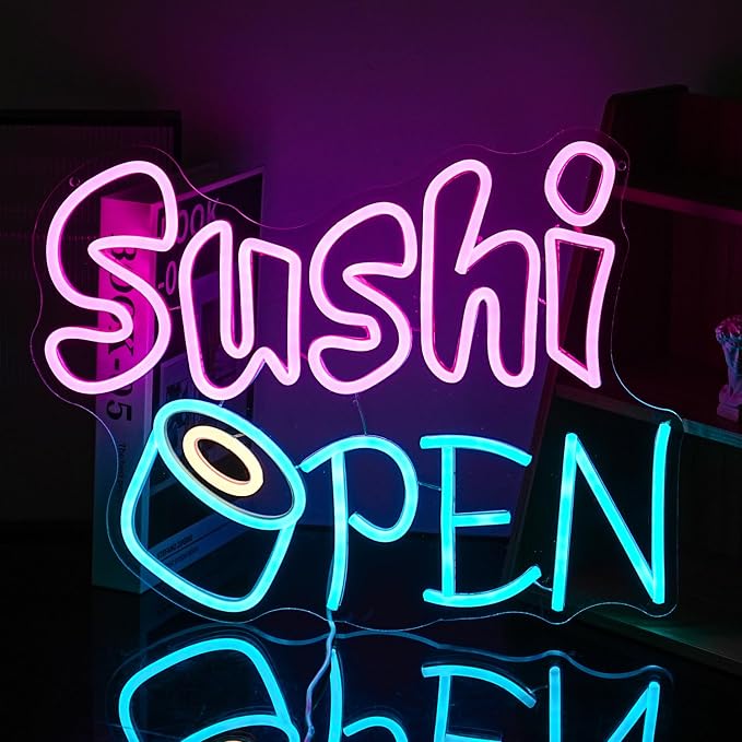 Sushi Open Neon Sign for Wall Decor - Dimmable LED Open Sign for Business - USB Powered Light for Sushi Shop, Restaurant, Kitchen, Home Decor