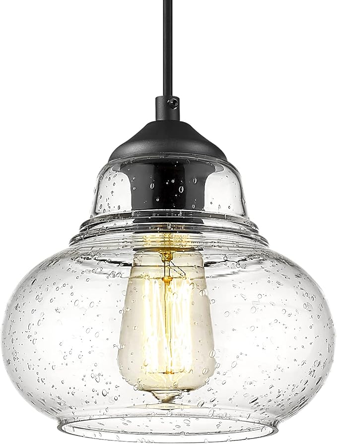 ELYONA 8 Inch Globe Pendant Light Bubble Glass Industrial Kitchen Island Hanging Pendant Light Fxiture Modern Hand Blown Seeded Glass for Farmhouse Dining Room Bar Bedroom Living Room Black