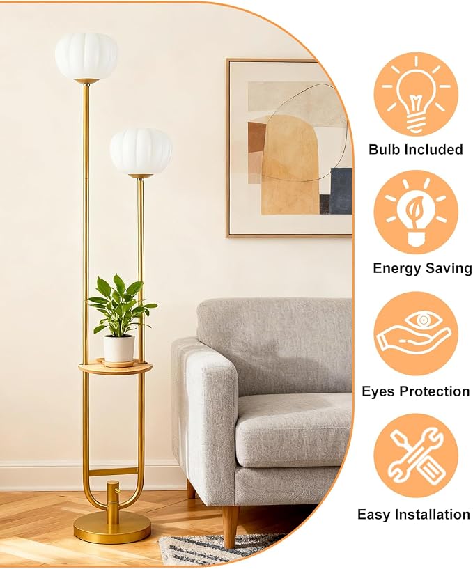 Lightdot 63IN Gold Floor Lamp Dimmable Standing Lamps with Tray Pumpkin Bulbs Included Unique U-Pole Mid Century Modern Tall Lamp with 5Lbs Heavy Base for Living Room/Party/Sofa Beside/Corner Decor