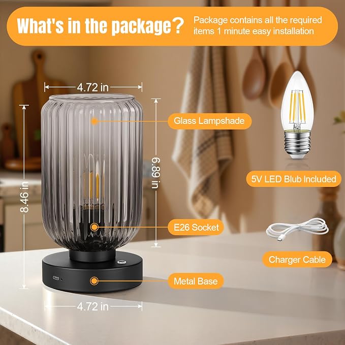 LigthRound Touch Table Lamp for Bedroom, Cordless Bedside Small Table Lamp, Dimmable Rechargeable Battery Operated Lamp for Nightstand, Bedside, Living Room, Desk, LED Bulb Included