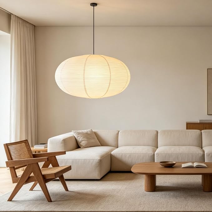 23.6'' Oval Boho Paper Lanterns for Great Room,Clip On Ceiling Light Cover | Light and Foldable, airy aesthetic,Natural Pendant Light Shade for Dining Area Living Room Hallway Bedroom Home Decor