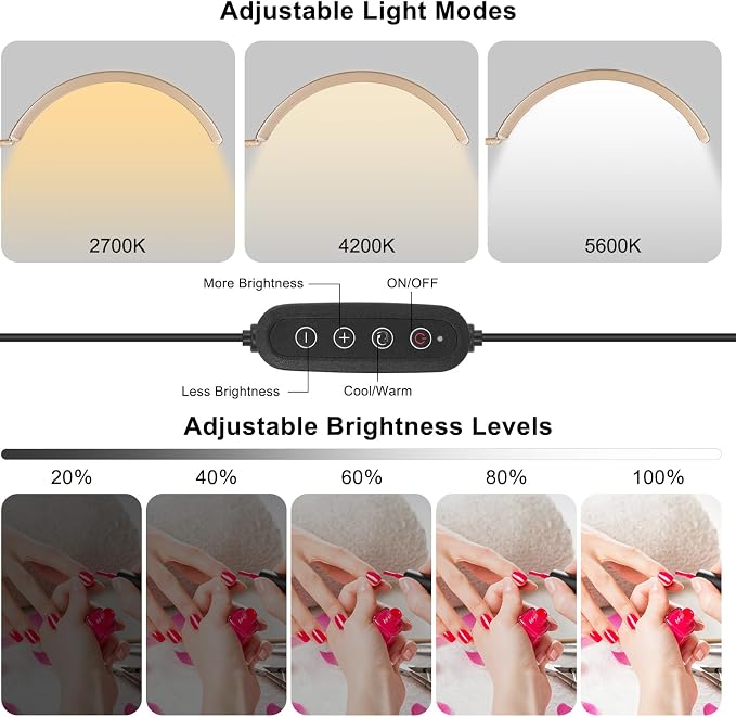 Professional Half Moon LED Desk Light for Nail Techs & Artists – Flexible Gooseneck Lamp with Clamp, 3 Color Modes & 5 Brightness Levels for Manicure, Tattoo, Beauty Work