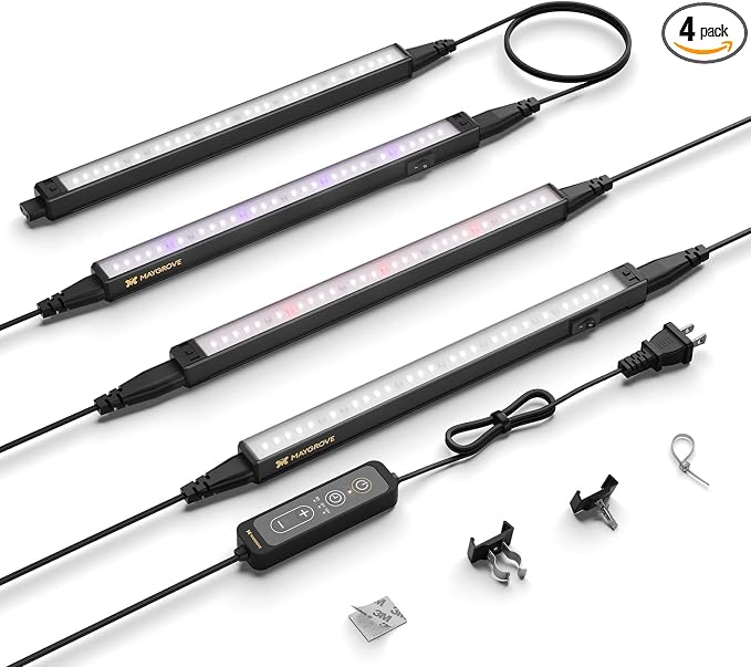 Plant Grow Light 1ft, Tunable Full Spectrum LED Grow Light Strips 28W (4 x 7W), T5 Growing Lamp with Timer & Dimming Controller for Indoor Plants, Greenhouse, High PPFD, 4-Pack