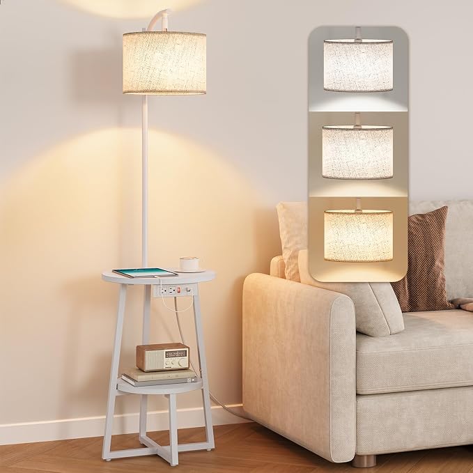 Yoobure Floor Lamp with Table - Farmhouse Night Stand with Charging Station | Side Table with Floor Lamps for Living Room, Bedroom, End Table with Lamp Attached 3 Color Temperatures Bulb, 2 Tier Shelves