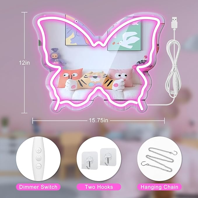 Butterfly Neon Sign Mirror, LED Neon Sign for Wall Decor, 15.7'' x 12'' Dimmable Neon Light for Teen Girls & Kids Birthday Party Gift, Neon Signs for Girl Room Decor, Wall Mirror, USB Powered (Pink)