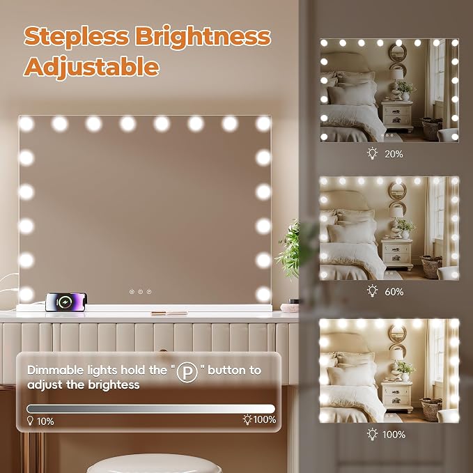 ZL ZELing Vanity Mirror Makeup Mirror with Lights,31.49" x 23.62"Large Tabletop Light up Mirror with 18Bulbs,10X Magnification,USB Charging Port,3 Color Touch Control Dimmable Lights.