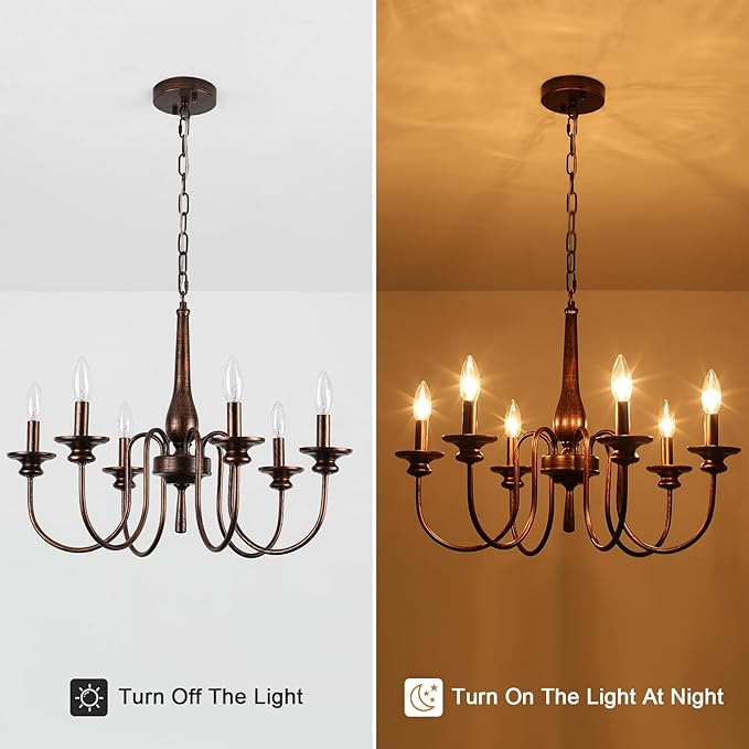 24" Farmhouse Chandelier for Kitchen Island, 6-Light French Country Chandelier with Adjustable Chain, Oil Rubbed Bronze Candle Pendant Light for Dining Room, Living Room, Foyer