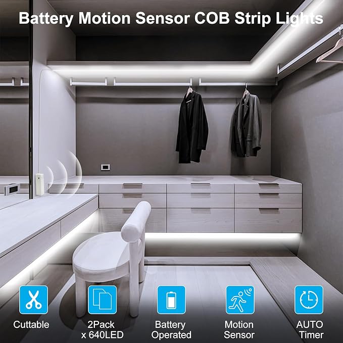 2 Pack Battery COB Motion Sensor Strip Lights with Day & Night Modes | 6.6Ft 640 LED Under Cabinet Flexible Tape Lights for Bedroom Kitchen Stair Shelf, 6000K Cool White