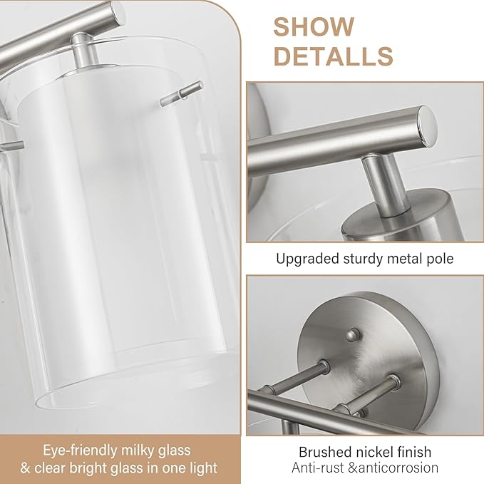 Brushed Nickel Bathroom Light Fixtures Over Mirror, 3-Light 20-Inch Vanity Lights with Dual Glass Shades, Eye-Friendly Modern Vanity Lights for Bathroom Bedroom Living Room Hallway