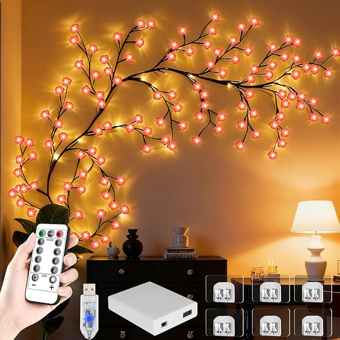 4FT 48LED Pink Cherry Blossom Tree Branch Lights for Wall, USB Battery Box | FNHMSL Cherry Enchanted Willow Vine Lights,Remote Timer,8 Light Model,Bedroom Wall Doors Wedding, Christmas, USB Battery Box