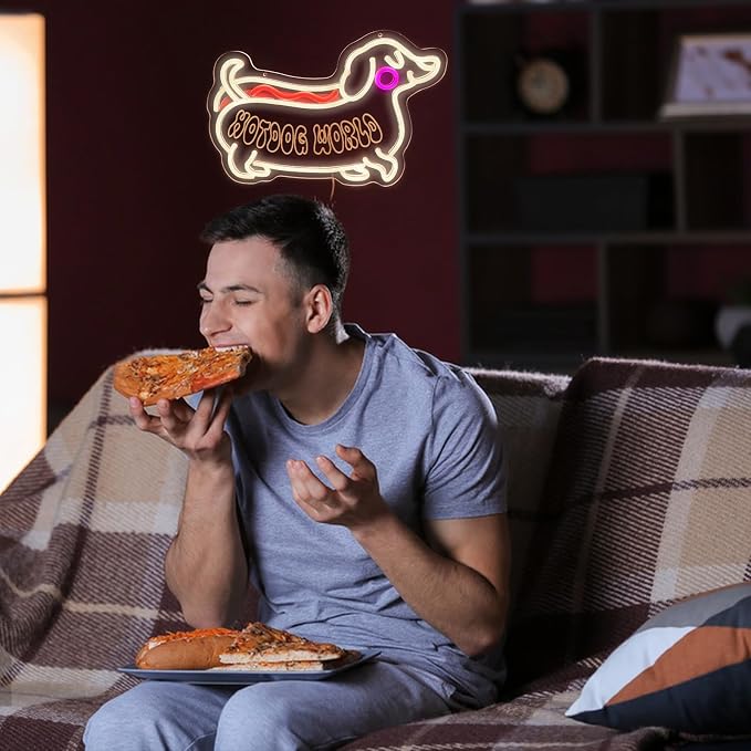 Hot dog World Neon Sign, LED Dog Neon Light | Funny Dachshund Design, Hanging Sign, Kids Room Bedroom Kitchen Cafe Restaurant Wall Decor