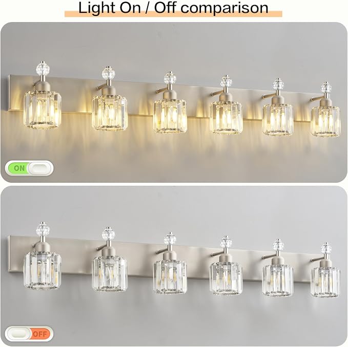 PRESDE Crystal 6-Light Bathroom Vanity Light Fixtures Brushed Nickel Modern Wall Lighting Over Mirror