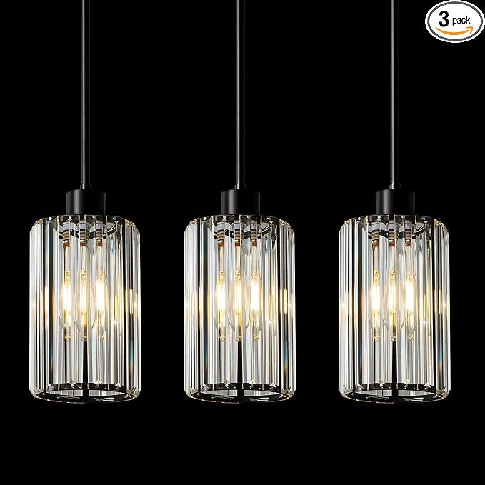 5.1" Mini Modern Black Crystal Kitchen Island Pendant Lights 3 Pack | Small Crystal Glass Shade, Sparkling Crystal Reflections, Customizable Hanging Height, Fits Most Ceilings, Matte Black Finish