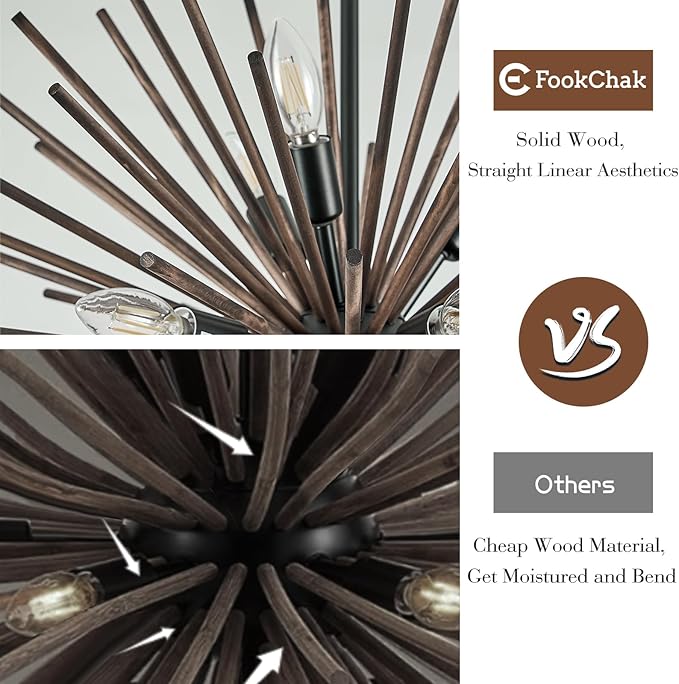 Black Wood Sputnik Chandeliers 12 Light Starburst Chandelier Light Fixture Solid Wood Farmhouse Satellite Light Fixture for Dining Room Bathroom Entryway Kitchen Island Bedroom 24in