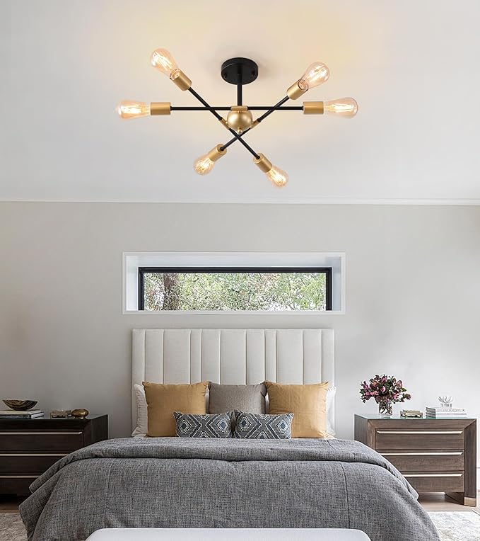 Modern Semi Flush Mount Ceiling Light Fixture Black and Gold Close to Ceiling Light 6-Light Sputnik Chandelier Light Fixture for Hallway Entryway Bedroom Kitchen Dining Room UL Listed