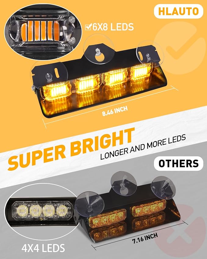 HLauto 2002L Emergency Dash Strobe Lights: Amber Safety Lights, Flashing Warning Hazard Windshield Visor Traffic Light Bars for Trucks, Construction Vehicles (2x8.5 inch, 48LED)