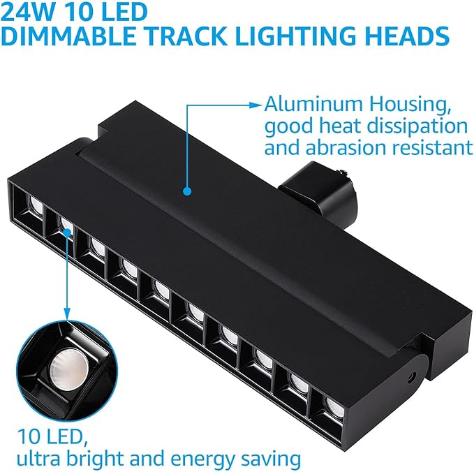 LEONLITE 24W Dimmable LED Track Lighting Heads, for H Type Track Rails, 100-277V, ETL Listed, CRI90, 1300LM, Flicker Free Ceiling Track Light Fixtures for Art, 4000K Cool White, Black, Pack of 2