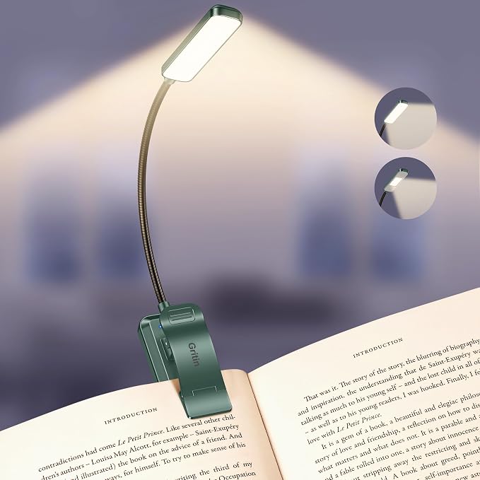 Gritin 2026 Gen 2 Book Light for Reading- 30 Eye Caring Full Spectrum LED | 5 Colors & 5 Brightness, Adjustable Wide/Narrow Beam, Upgrade 1500mAh Long-Lasting Rechargeable Clip on Light-Forest Green