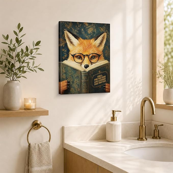 NSFBESSLIA Funny Reading Fox Painting, Whimsical Vintage Animal Decor, Chill For Fox Sake, Literary Cottagecore Wall Art for Living Room Bedroom Entryway, 8x10 Inch
