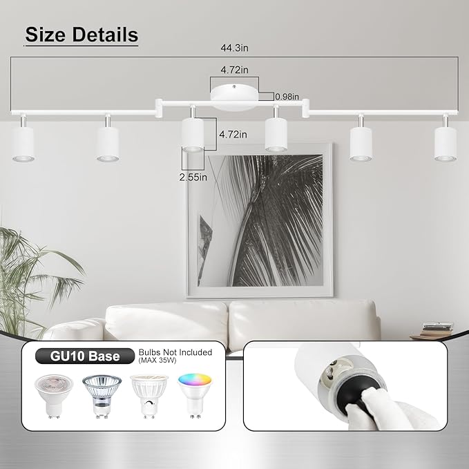 6 Light Track Lighting Fixtures Ceiling, Matte White Kichen Track Lighting Fixtures with Rotatable Light Heads, Foldable Lamp Arms, Modern LED Track Lights for Kitchen/Hallway, No GU10 Bulb