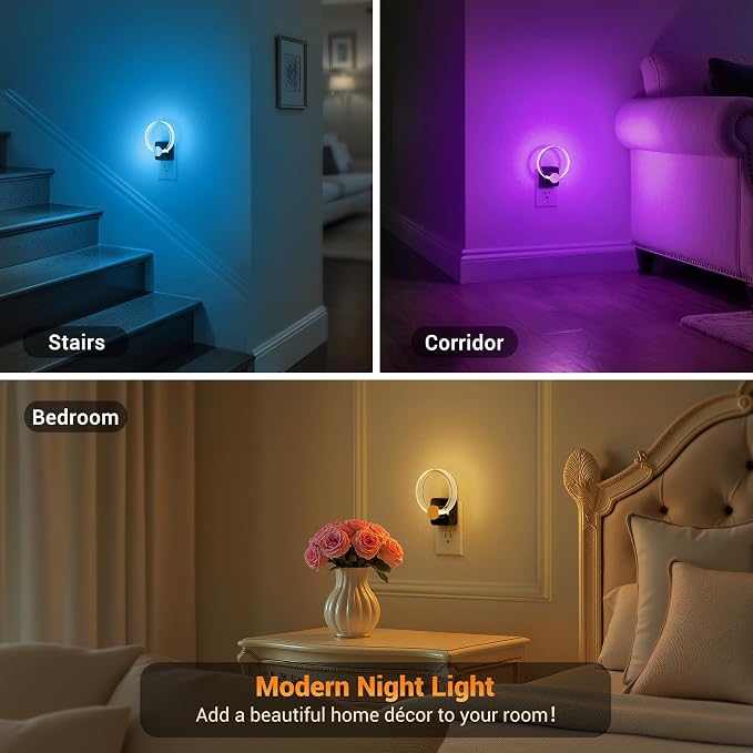JandCase Night Light, Color Changing Night Lights Plug into Wall, 1 Pack | RGB Nightlight with Light Sensor, 180° Rotatable Plug in Nightlights, Dimmable Ring Acrylic Night Light for Kids Gift Hallway