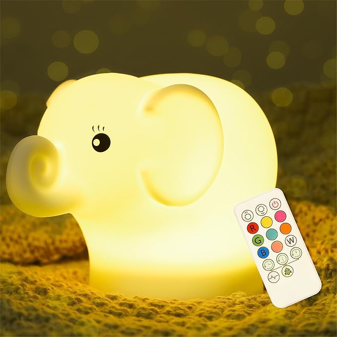 Elephant Night Light for Kids, Baby Nursery NightLight for Breastfeeding | New Born Baby Essentials Must Haves, BPA Free Silicone Night Lamp, Dimmable Nightlight, Rechargeable Light for Kids Adult