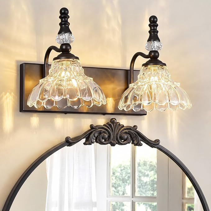 Vintage Bathroom Vanity Light, 2-Light Black Vanity Lighting Fixture with Flower Glass Shade, Bathroom Lighting Fixtures Over Mirror