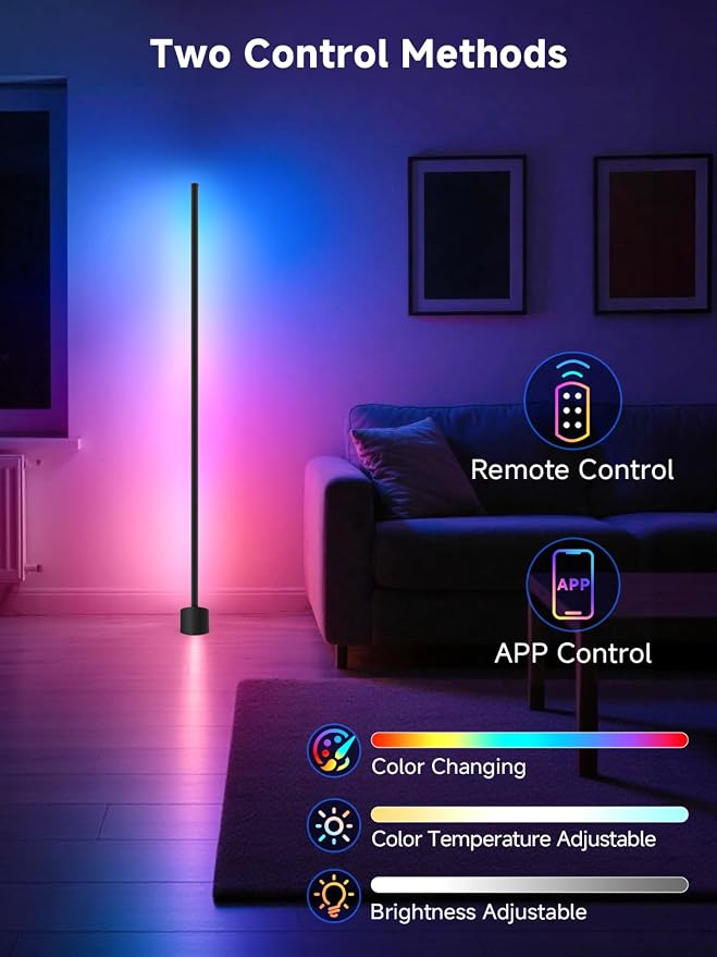 Corner Floor Lamp, Corner Lamp with App & Remote Control, Smart RGBIC Corner Light with 16 Million Colors & 68+ Scene, Music Sync, Timer Setting, Ambient Lighting for Living Room,Bedroom,Gaming Room