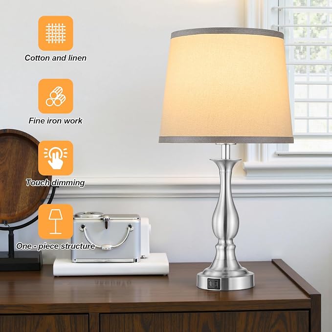 Bedside Table Lamp Touch Control Bedroom Lamps with USB A + C Charging Port 3 Way Dimmable Touch Lamps for Nightstand Living Room Bedroom Dorm Home Office Reading, Set of 2 (Grey Shade & Nickel Base)