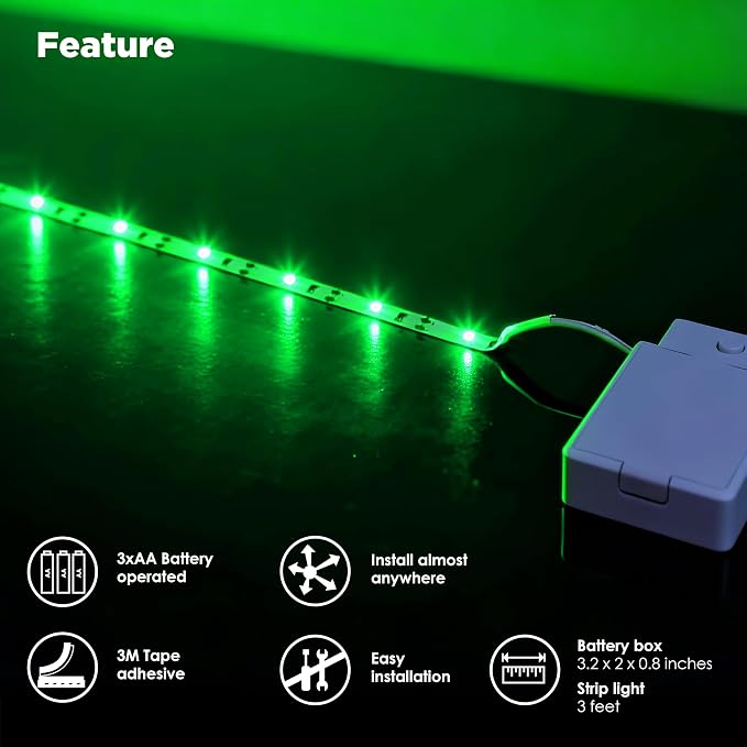 Battery Powered LED Strip Lights 2X 3.33ft Flexible Green Light Strip for Bedroom Room Decor, Lighting for Cabinet Shelf Closet TV Backlight