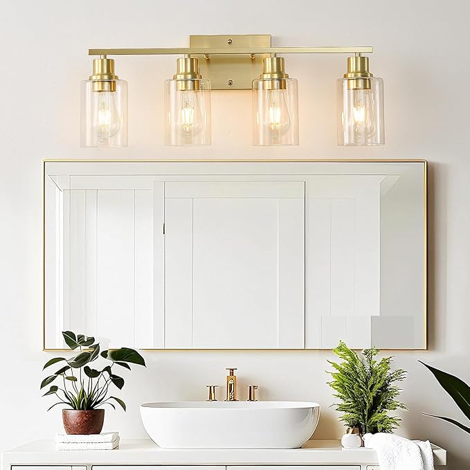 EMONG 4-Light Gold Bathroom Light Fixtures 23.6'' Brushed Gold Vanity Light Over Mirror with Clear Glass Shade Modern Wall Sconce Classic Wall Light Fixture for Hallway Porch Farmhouse Living Room