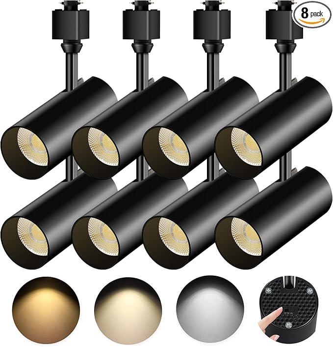 20W LED H Track Lighting Heads, 3-Color, Black, Pack of 8 | Dimmable, 3000K 4000K 6000K Adjustable, CRI90+ 1900lm 24° Beam H Track Lighting Fixtures Ceiling for Kitchen, Living Room